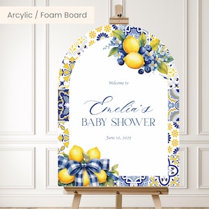 Gedrucktes Mediterran Blau Citrus Baby Shower Zeichen, Main Squeeze Willkommen Poster, Italienische Blaue Fliesen Zitrone Baby Shower Benutzerdefiniertes Zeichen -standbb13