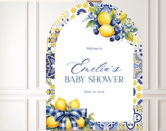 PRINTED Mediterranean Blue Citrus Baby Shower Sign, Main Squeeze Welcome Poster, Italian Blue Tiles Lemon Baby Shower Custom Sign - BBB13