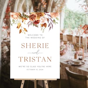 GEDRUCKTES Herbst Blumen Hochzeit Willkommensschild, Herbst Blumen Empfang Poster, Herbst Blumen Terrakotta Willkommensschild Hochzeitsdeko - WDS106