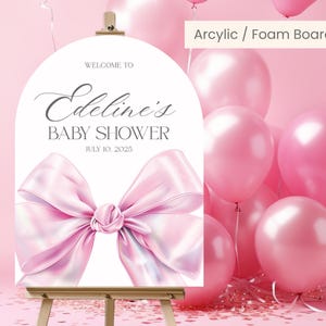 Arco de espuma con lazo rosa para baby shower, cartel de bienvenida, póster "Ella está atando el nudo", cinta rosa acrílica, decoración para baby shower - BSS59