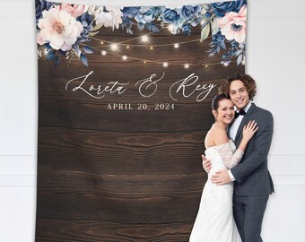 Wedding Backdrop, Navy Blue Blush Floral Reception Backdrop, Elegant Wedding Photo Booth Props, Custom Rustic Bridal Shower Backdrop - WB319