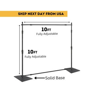 May include: A black 10-foot adjustable backdrop stand with a solid base. The stand is fully adjustable and can be used for photography, videography, or other events.
