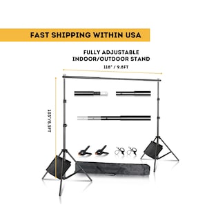 May include: A black adjustable photography backdrop stand with a carrying case. The stand is 103 inches tall and the backdrop bar is 118 inches long. The stand is fully adjustable and can be used indoors or outdoors.