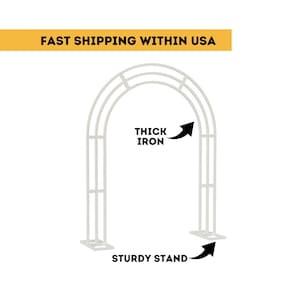 May include: White metal archway with a sturdy stand and thick iron bars.  "FAST SHIPPING WITHIN USA" and "THICK IRON" and "STURDY STAND" are written on the image.
