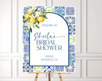 Azulejos azules impresos signo de ducha nupcial de limón, signo de apretón principal decoración nupcial de cítricos, signo de bienvenida de boda azul mediterráneo personalizado - BSS6