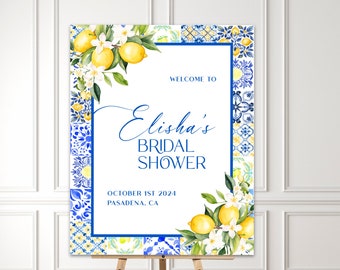 Signo de bienvenida de ducha nupcial de limón mediterráneo IMPRESO, signo de bienvenida personalizado arqueado de ducha nupcial de azulejos azules italianos, signo de apretón principal- BSS9