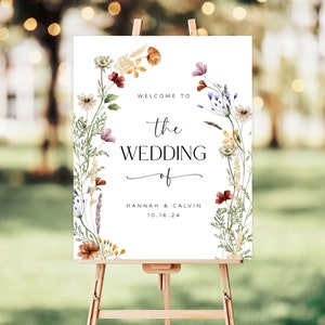 プリントされた野生の花のウェディングウェルカムサイン、花のウェディングサイン、結婚式のセレモニーサイン、カスタムウェディングレセプションサイン、ミニマリストサイン -WDS22