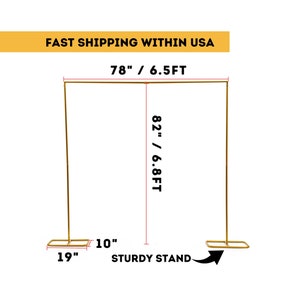 May include: Gold metal backdrop stand with adjustable height. The stand is 78 inches wide, 82 inches tall, and has a 10 inch wide base.  The stand is sturdy and easy to assemble.