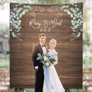 Wedding Backdrop, Rustic Wood Wedding Banner, Eucalyptus Anniversary Photo Booth Background, Green Leaf Wedding Shower Backdrop - WB211