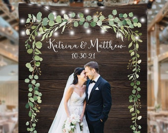Toile de fond de mariage, bannière de mariage en feuille verte en bois rustique, arrière-plan de photo de fête de fiançailles, toile de fond d’anniversaire botanique personnalisée - WB201