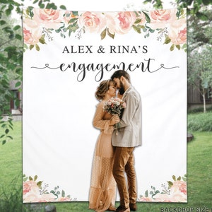 Engagement photo backdrop, backyard rustic engagement party sign, outdoor floral engagement decoration photo booth background - epb14