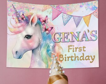 Unicorn 1st Birthday Backdrop, Rainbow Birthday Party Decoration, Girl Unicorn Theme Birthday Party Banner, Baby Nursery Room Decor -BBB9