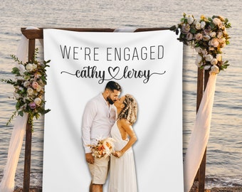 Custom Engagement Party Photo Backdrop, Rustic Wedding Shower Photo Booth Background Decor, We're Engaged Party Minimalist Banner - EPB25