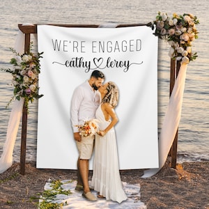 Custom Engagement Party Photo Backdrop, Rustic Wedding Shower Photo Booth Background Decor, We&#39;re Engaged Party Minimalist Banner - EPB25