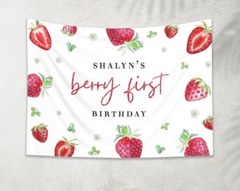 Berry First Birthday Backdrop, Strawberry Birthday Theme Party Decoration, Berry 1st Birthday Banner,  Baby Girl 1st Birthday Gift - BBB5