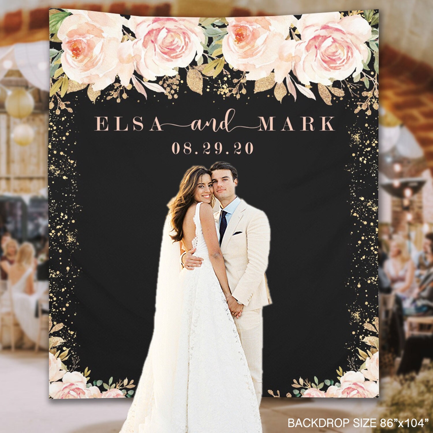 Wedding Backdrop Elegant Gold Wedding Shower Backdrop PhotoBooth Anniversary Decor Blush Floral Wedding Reception Custom
