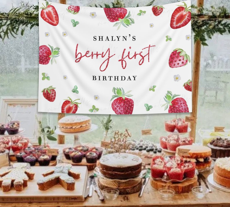 Berry First Birthday Backdrop, Strawberry Birthday Theme Party Decoration, Berry 1st Birthday Banner, Baby Girl 1st Birthday Gift - BBB5 image 2