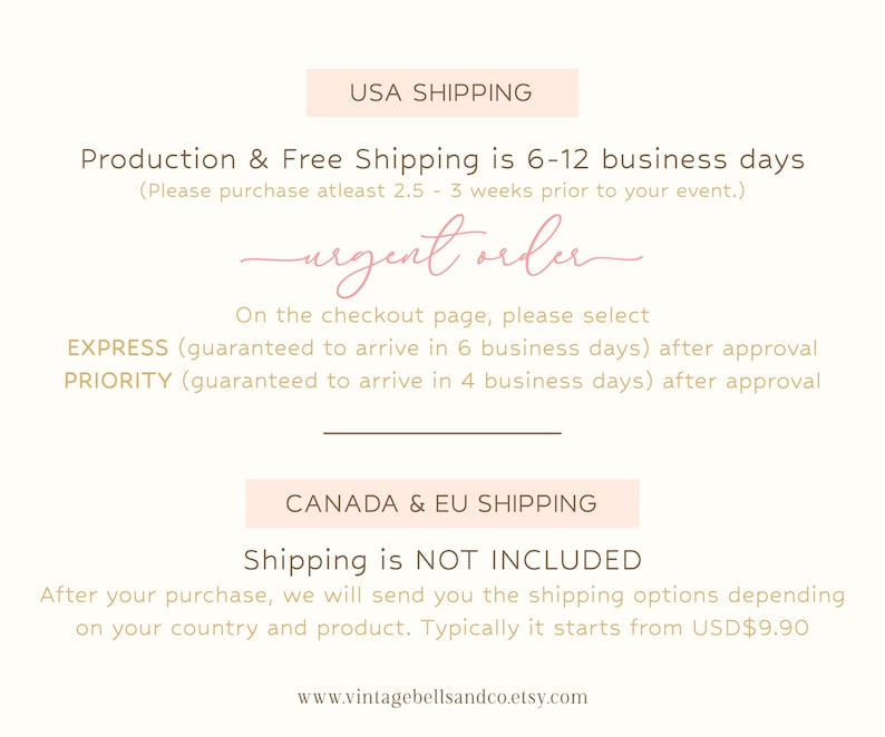 May include: A cream-colored graphic with text about shipping options and production times. The text includes "USA SHIPPING", "urgent order", and "CANADA & EU SHIPPING". The website address www.vintagebellsandco.etsy.com is also visible.
