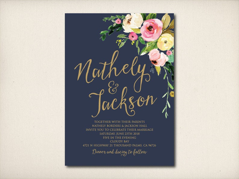 CW37 Afforable Invitation Prints Wedding Invitation Elegant Gold Invitation Sweet Medley Flowers Wedding Invitation DIY Printable PDF