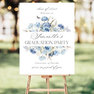 Elegant Hydrangea Graduation Welcome Sign, Whimsical Elegant Graduation Announcement, Custom Blue Floral Welcome Sign Graduation Decor -GS26