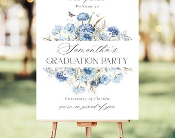 May include: A white graduation party sign with blue watercolor flowers and the text "Class of 2025", "Welcome to", "Samantha's Graduation Party", "University of Florida", and "We're so proud of you".