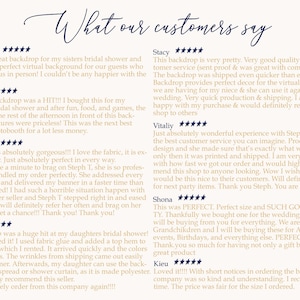 May include: A collection of customer reviews for a backdrop company. The reviews are positive and highlight the quality of the backdrops, the speed of shipping, and the excellent customer service. The reviews are written in a variety of fonts and sizes, and are accompanied by star ratings.
