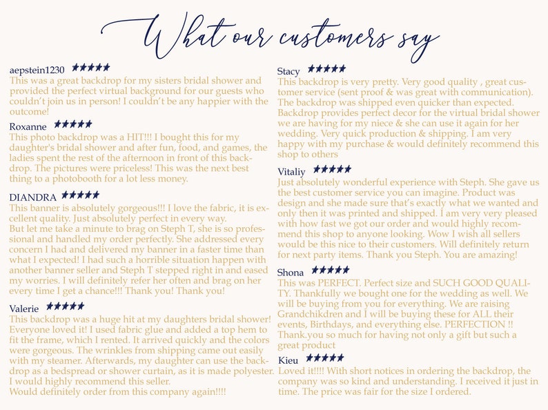 May include: A collection of customer reviews for a backdrop company. The reviews are positive and highlight the quality of the backdrops, the speed of shipping, and the excellent customer service. The reviews are written in a variety of fonts and sizes, and are accompanied by star ratings.
