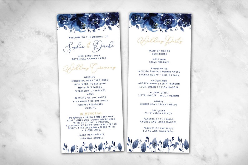 Wedding Program Card Elegant Navy Floral Program Navy Gold Etsy