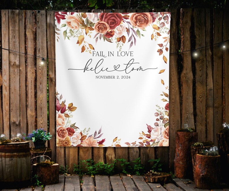 Fall in Love Backdrop, Fall Flowers Wedding Backdrop, Personalized ...