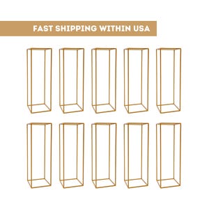 May include: Ten gold metal geometric stands, each with a square base and four vertical bars forming a rectangular frame. The stands are arranged in two rows of five.