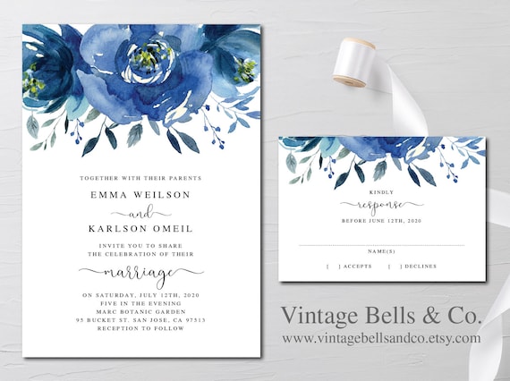 Wedding Invitation Navy Blue Floral Invitation Royal Blue | Etsy