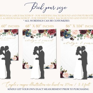 May include: Three different sizes of a wedding backdrop featuring a watercolor floral design in shades of burgundy, blush pink, and navy blue. The backdrop also includes a silhouette of a couple kissing. The text on the backdrop reads "adelyn & samuel" and "May 20th, 2018". The sizes are 50" x 60", 68" x 80", and 86" x 104".