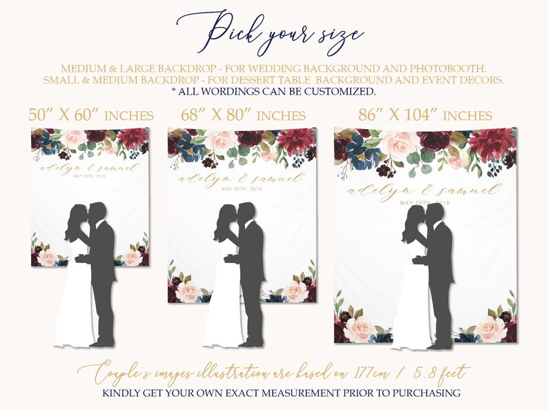 May include: Three different sizes of a wedding backdrop featuring a watercolor floral design in shades of burgundy, blush pink, and navy blue. The backdrop also includes a silhouette of a couple kissing. The text on the backdrop reads "adelyn & samuel" and "May 20th, 2018". The sizes are 50" x 60", 68" x 80", and 86" x 104".