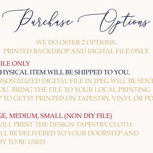 Puede incluir: Texto sobre un fondo blanco que explica las opciones de compra para un tel&oacute;n de fondo. Puedes elegir comprar un tel&oacute;n de fondo impreso o solo un archivo digital. El archivo digital se puede imprimir en una tienda local en tapiz, vinilo o p&oacute;ster. El tel&oacute;n de fondo impreso est&aacute; disponible en tama&ntilde;os grande, mediano y peque&ntilde;o.