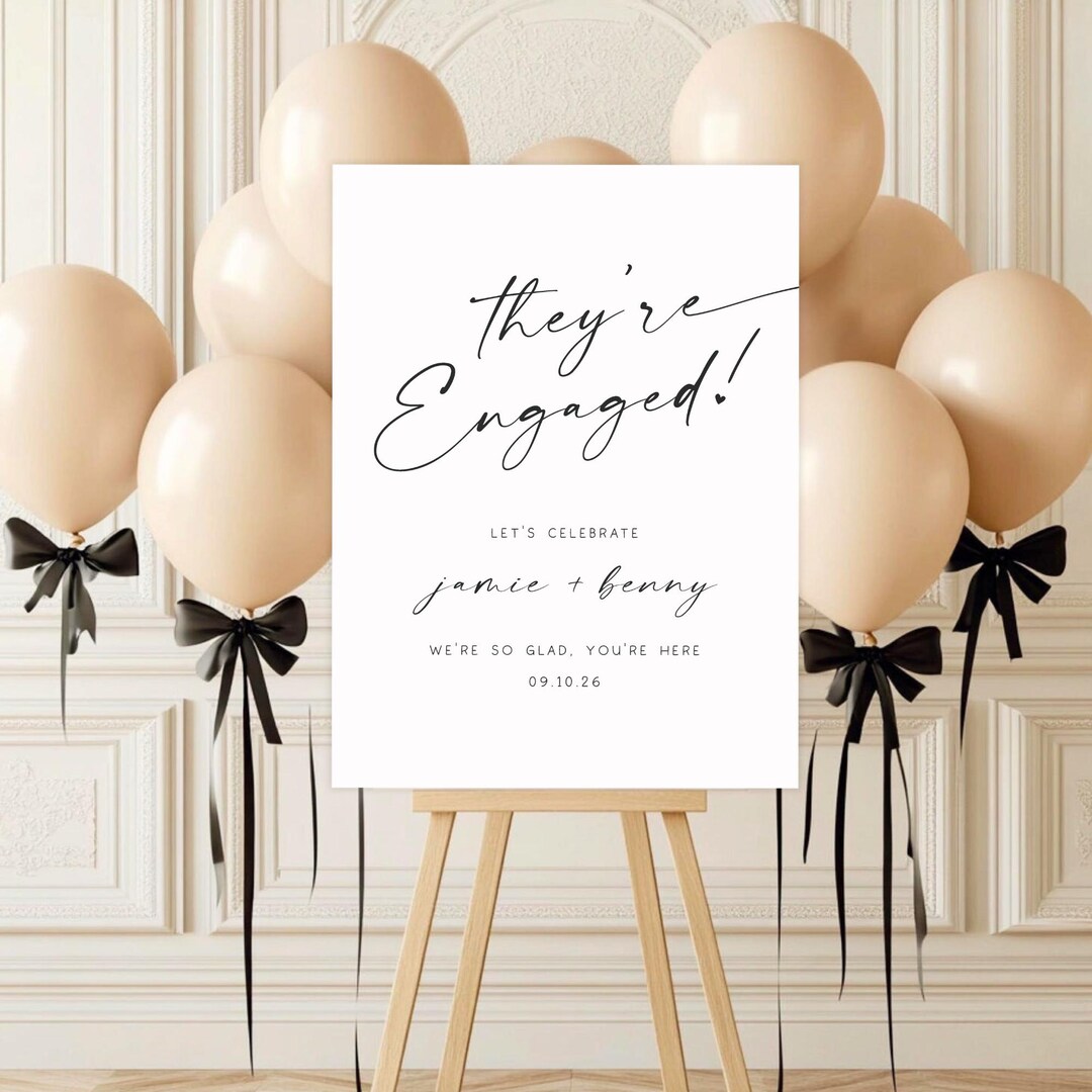 Engaged Sign On String Minimalist They're Engaged Sign, Elegant Script Engagement Party ...