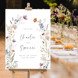 Letrero de bienvenida para boda con diseño de jardín caprichoso impreso, letrero de boda floral personalizado, póster imprimible para ceremonia de boda con flores silvestres - WDS156