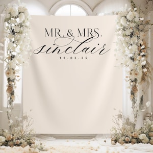 Elegant Mr and Mrs Wedding Banner, Script Wedding Fabric Backdrop, Custom Engagement Minimalist Backdrop, Last Name Wedding Decor - WB356