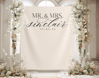 Elegante striscione per matrimonio con il signor e la signora, fondale in tessuto per matrimonio con scritta, fondale minimalista personalizzato per fidanzamento, decorazioni per matrimonio con cognome - WB356