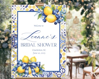 Letrero de bienvenida con cítricos en azul mediterráneo impreso, póster de brunch nupcial de Main Squeeze, letrero personalizado para despedida de soltera con azulejos azules italianos y limón -BSS49