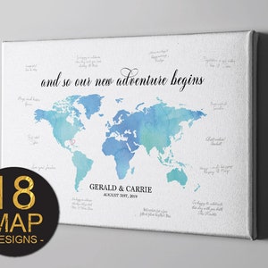 Canvas Guest Book, Watercolor World Map Guest Book, Travel Theme Destination Wedding Gift Ideas, Signature Guest Book Alternative - GB64