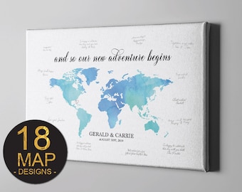 Canvas Guest Book, Watercolor World Map Guest Book, Travel Theme Destination Wedding Gift Ideas, Signature Guest Book Alternative - GB64