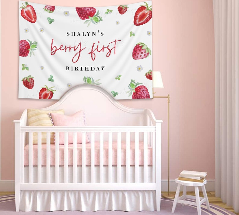 Berry First Birthday Backdrop, Strawberry Birthday Theme Party Decoration, Berry 1st Birthday Banner, Baby Girl 1st Birthday Gift - BBB5 image 3