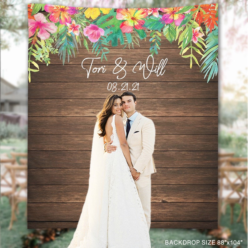 Wedding Backdrop, Rustic Tropical Leaf Wedding Banner, Birthday Photo Booth Background, Summer Hawaiian Theme Reception Backdrop WB210 image 1