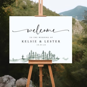 Cartello di benvenuto per matrimonio in montagna, cartello di benvenuto per matrimonio nel bosco, cerimonia del pino della foresta, cartello di benvenuto rustico, decorazione per cerimonia nel bosco - WDS6