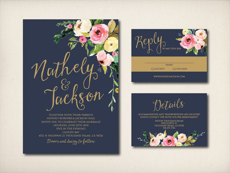 CW37 Afforable Invitation Prints Wedding Invitation Elegant Gold Invitation Sweet Medley Flowers Wedding Invitation DIY Printable PDF
