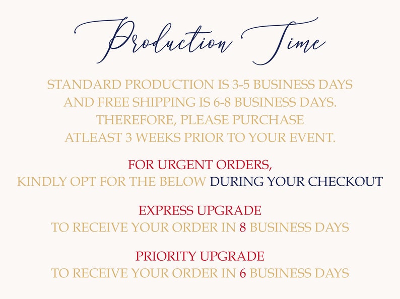 May include: Text graphic with the title "Production Time" and information about standard production and shipping times. It also lists express and priority upgrade options for urgent orders.