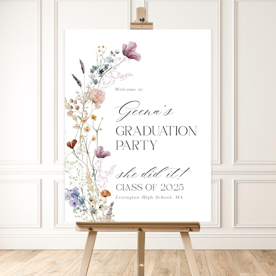 Rustic Whimsical Graduation Welcome Sign, Boho Wild Flowers Graduation Announcement, Modern Floral Graduation Sign Decoration - GS18