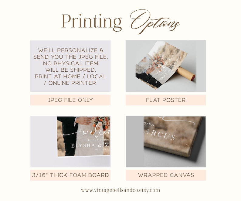May include: An image showcasing printing options for wedding signage. The options include JPEG file only, flat poster, 3/16" thick foam board, and wrapped canvas. The text includes "Printing Options", "We'll personalize & send you the JPEG file. No physical item will be shipped."