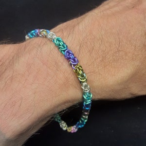 Rainbow niobium and sterling silver chainmail bracelet. ~9.25&quot;