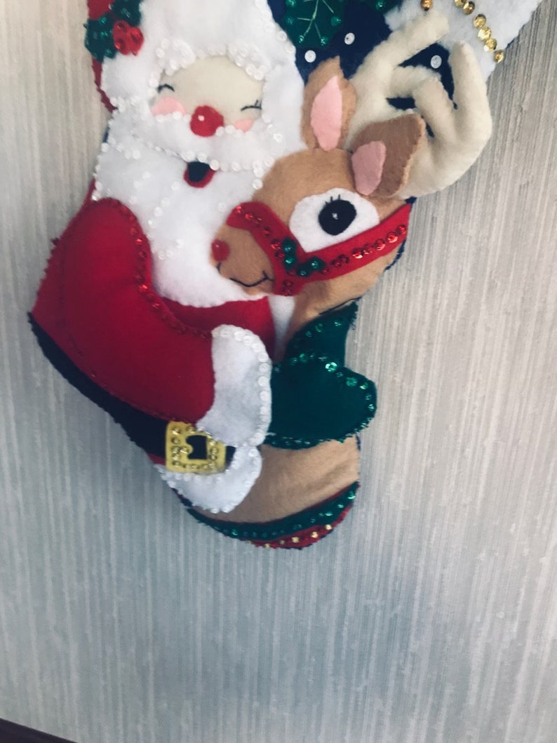 Santa and Rudolph Completed Handmade Felt Christmas Stocking from Bucilla Kit image 4